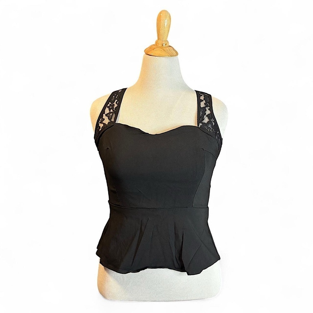 VTG y2k Black Lace Strap Corset Tank Peplum Top XL Alt Goth Sweetheart